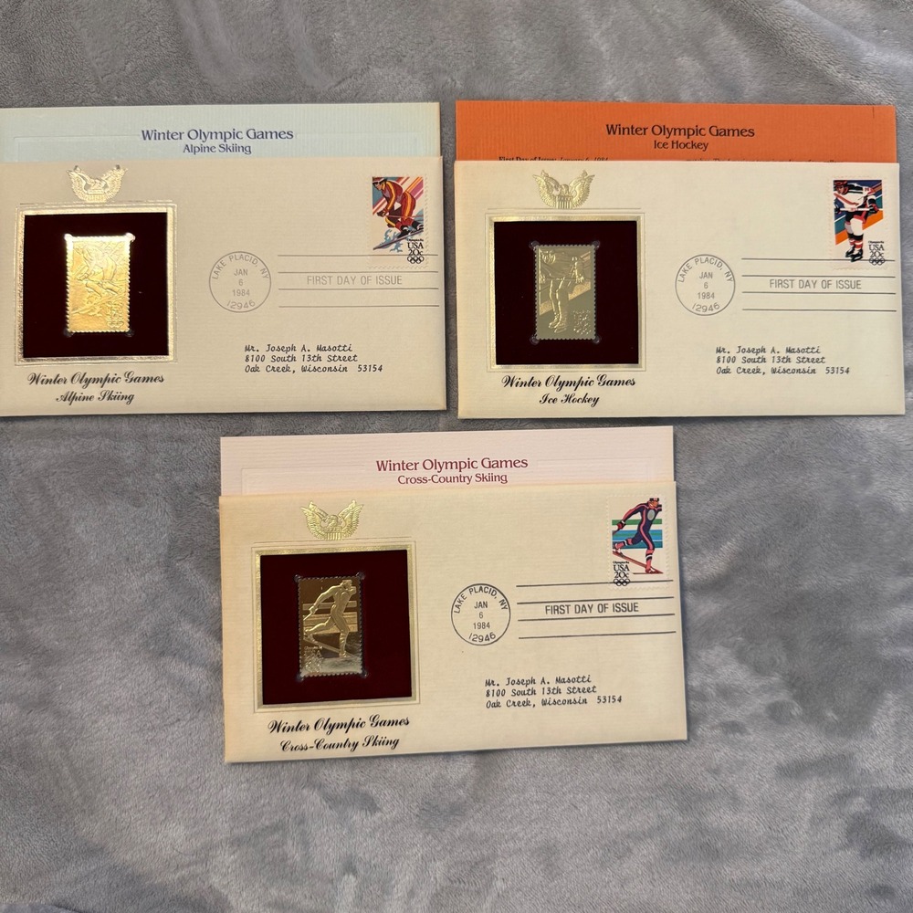 Winter Olympic Games Gold Foil First Day Cover Set Lake Placid 1984 (3)